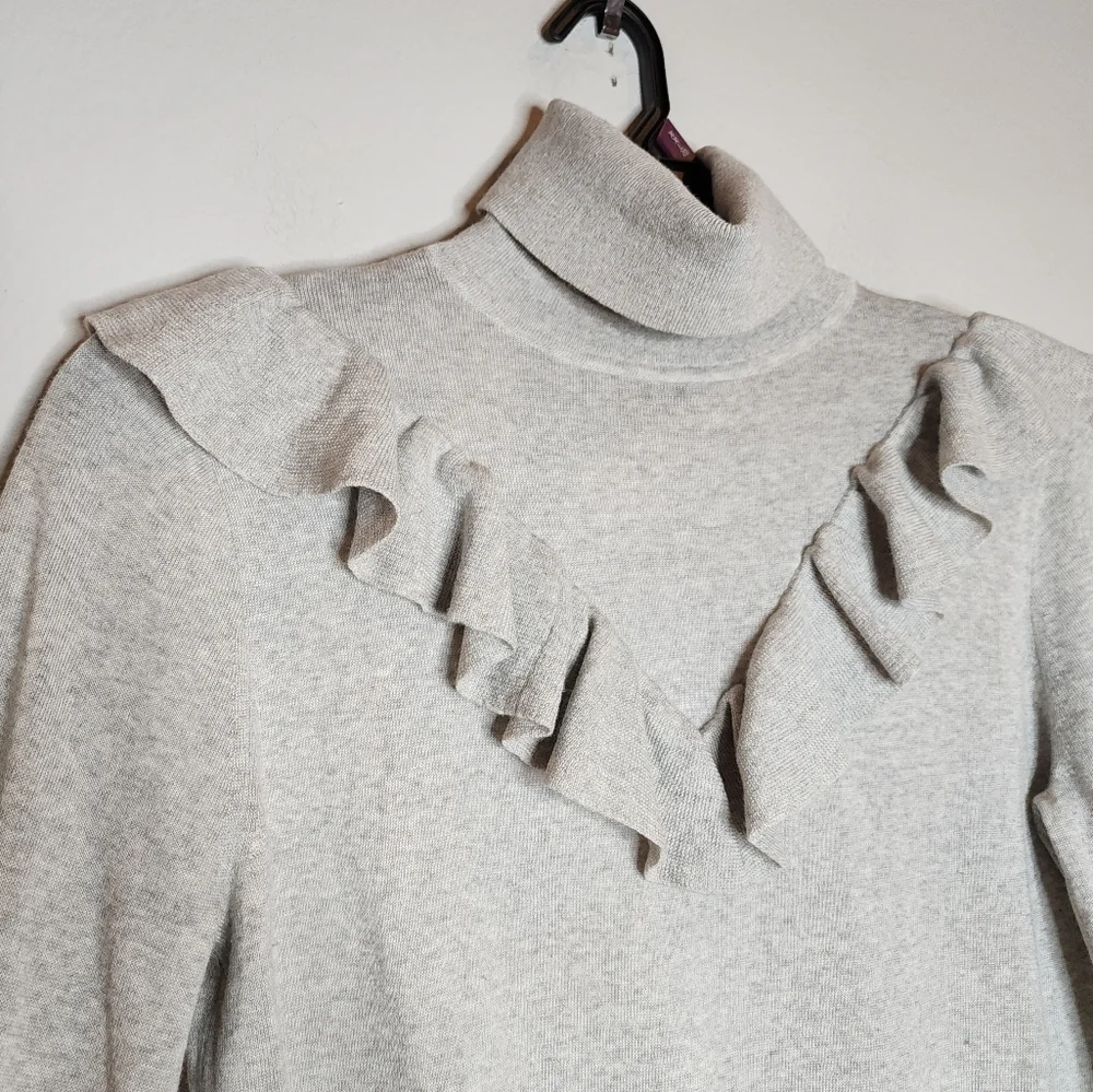 J. Crew Merino Wool Grey Turtleneck Ruffle Sweater Zip‎ Cuffs Size Medium